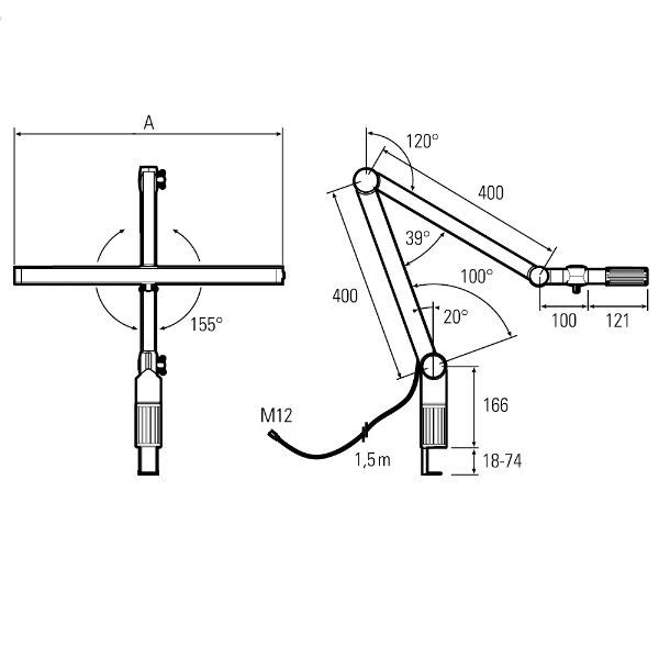 UNILED II Spring Arm Dimmer: 298mm 1905 lx 14W 24Vdc M12-A